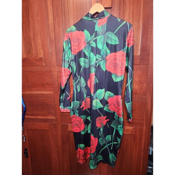 Womens Bodycon Dress 1XL Black Red Floral Mock Neck Long Sleeve Rose Print Chic - Picture 6 of 9